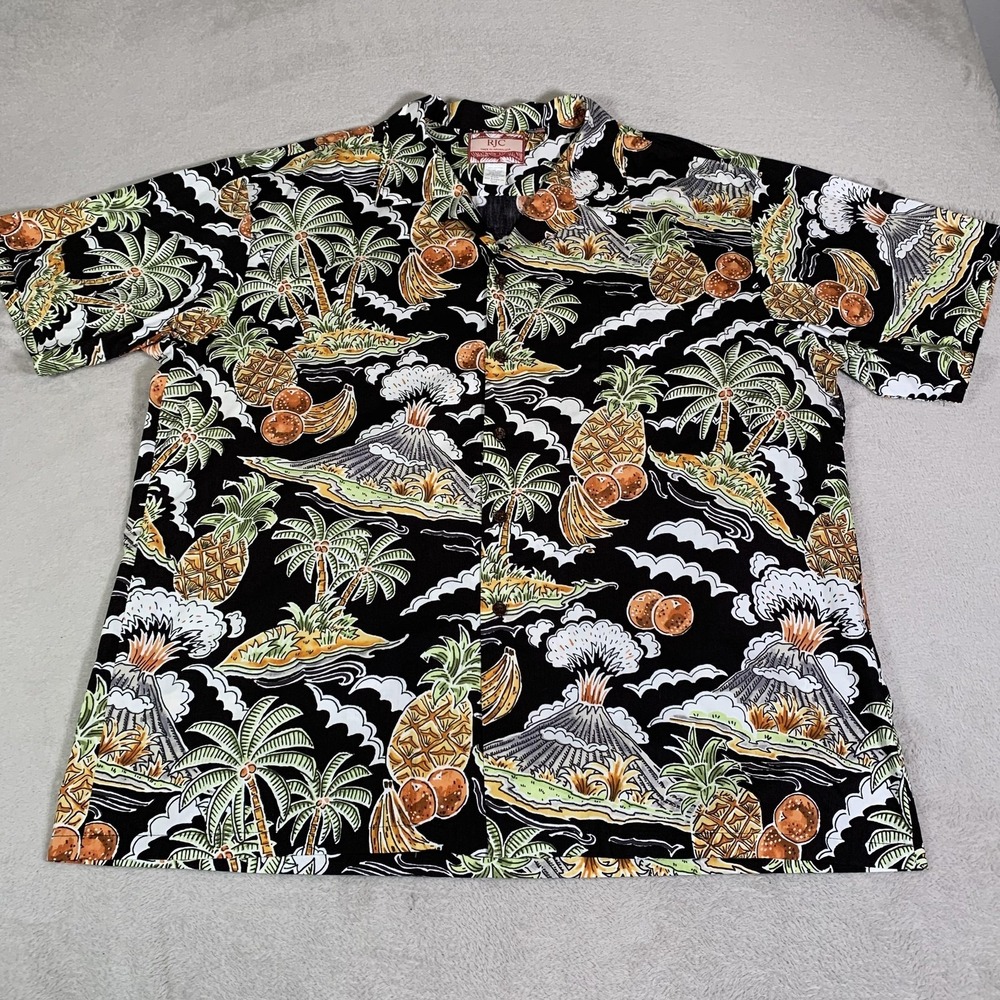 RJC‎ Shirt Mens 3XL Black Hawaiian Volcano Pineapple Short Sleeve Aloha Cotton